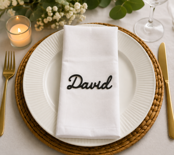 Personalized Wooden Name Place Card | Laser Cut Wedding Name Tag, Cursive Script Guest Decor