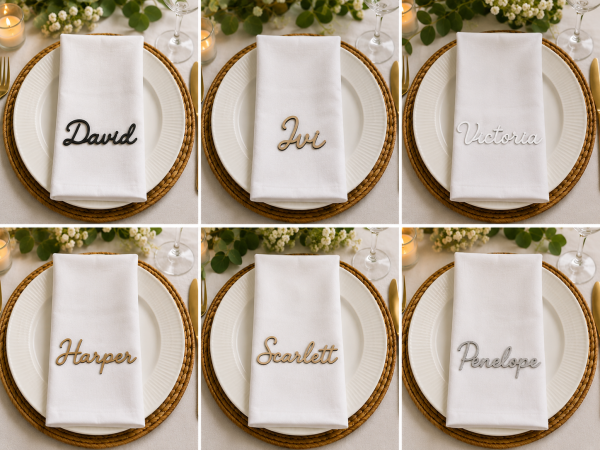 Personalized Wooden Name Place Card | Laser Cut Wedding Name Tag, Cursive Script Guest Decor