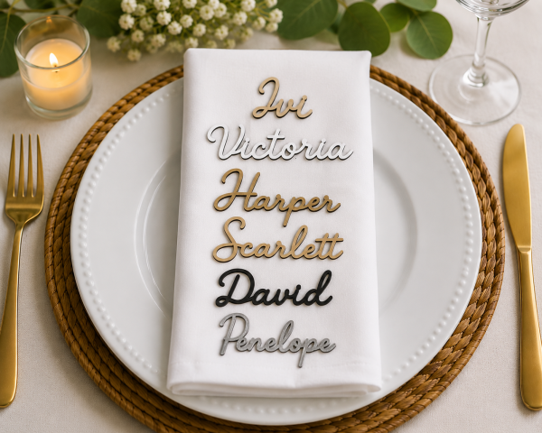 Personalized Wooden Name Place Card | Laser Cut Wedding Name Tag, Cursive Script Guest Decor