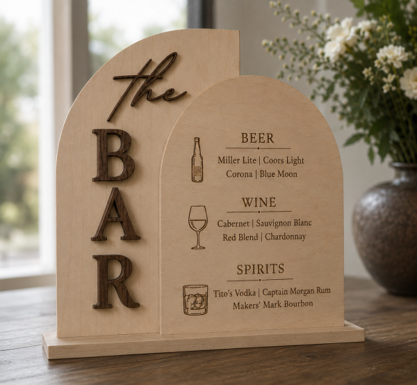 ChatGPT Image Jul 22, 2026, 03_33_07 PM Personalized Walnut Bar Menu Sign, 3D Wedding Drink Menu, Custom Reception Decor
