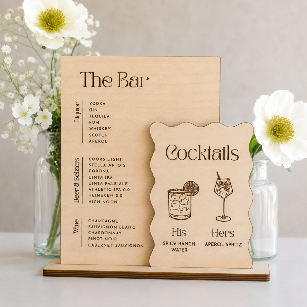 Custom Wooden Bar Menu Sign, Baltic Birch Wedding Cocktail Sign, Signature Drinks Display