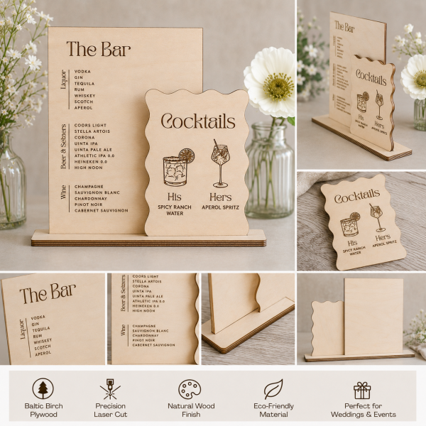 Custom Wooden Bar Menu Sign, Baltic Birch Wedding Cocktail Sign, Signature Drinks Display
