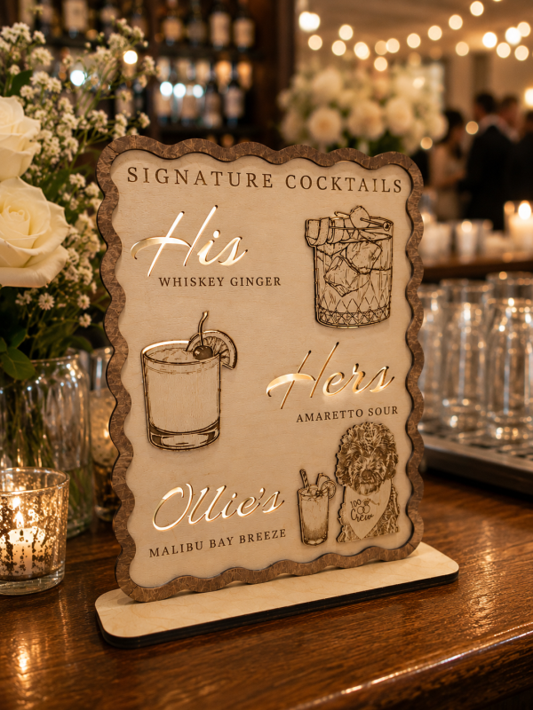 Personalized Wooden Signature Cocktails Sign with Pet | Wedding Bar Menu, Custom Decor
