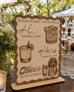 Personalized Wooden Signature Cocktails Sign with Pet | Wedding Bar Menu, Custom Decor
