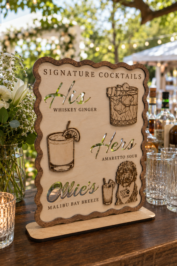Personalized Wooden Signature Cocktails Sign with Pet | Wedding Bar Menu, Custom Decor