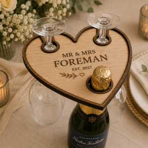 Personalized wooden champagne bottle holder with two wedding flutes