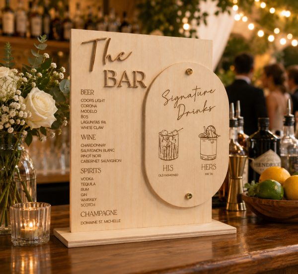 Wooden Wedding Bar Menu Sign | Custom Signature Drinks, His & Hers Cocktails, Personalized Bar Decor