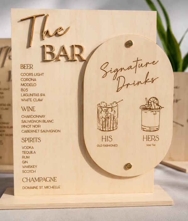 Wooden Wedding Bar Menu Sign | Custom Signature Drinks, His & Hers Cocktails, Personalized Bar Decor