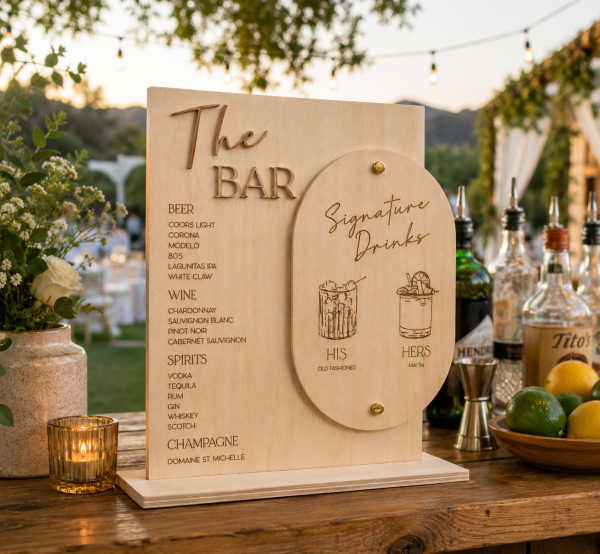 Wooden Wedding Bar Menu Sign | Custom Signature Drinks, His & Hers Cocktails, Personalized Bar Decor