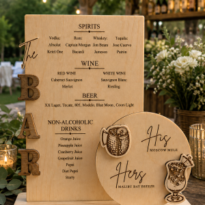 Personalized wooden wedding bar menu with 3D signature drinks