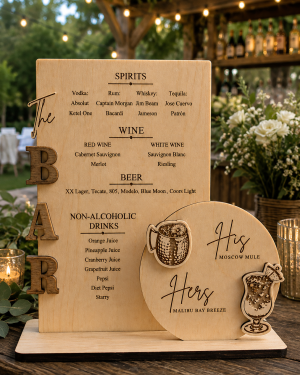 Personalized Wooden Bar Menu Sign, His & Hers Signature Cocktails, Engraved Wedding Decor