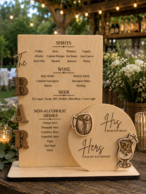 Personalized Wooden Bar Menu Sign, His & Hers Signature Cocktails, Engraved Wedding Decor
