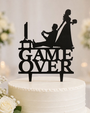 Game Over Wedding Cake Topper, Gamer Bride Groom, Black MDF Silhouette (6"x8")