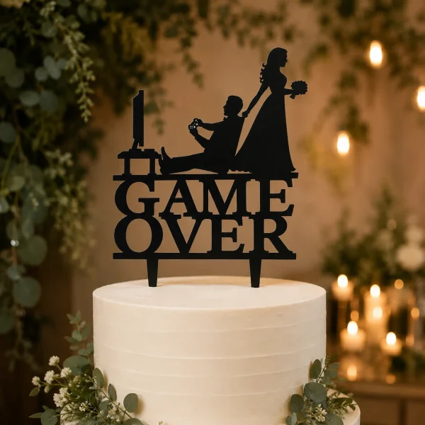 Game Over Wedding Cake Topper, Gamer Bride Groom, Black MDF Silhouette (6"x8")