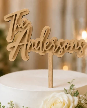 Personalized Last Name Wedding Cake Topper, Layered MDF, Natural Wood Decor
