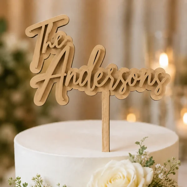 Personalized Last Name Wedding Cake Topper, Layered MDF, Natural Wood Decor