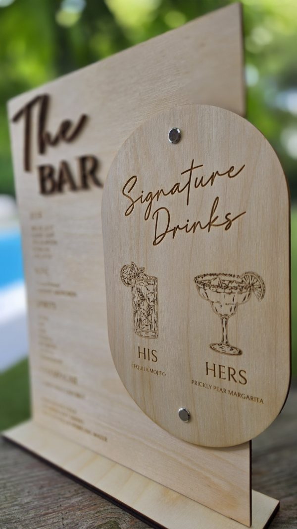 Personalized Wooden Wedding Bar Menu and Signature Drink Set