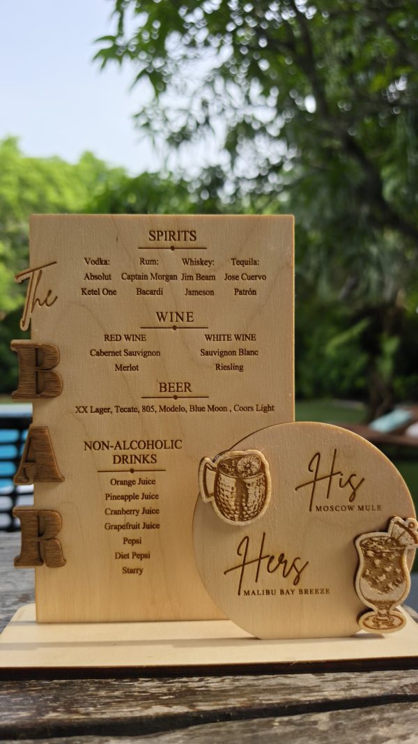 Personalized Wooden Bar Menu Sign, His & Hers Signature Cocktails, Engraved Wedding Decor