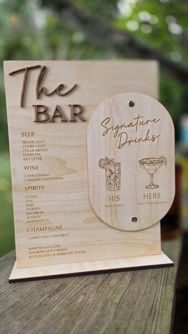 Personalized Wooden Wedding Bar Menu and Signature Drink Set