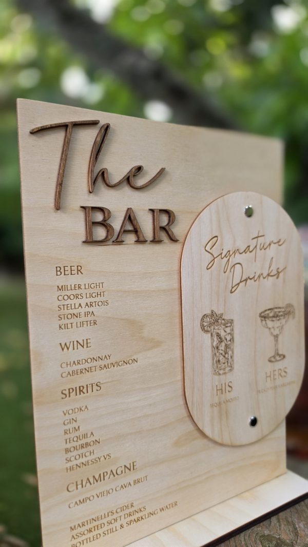 Personalized Wooden Wedding Bar Menu and Signature Drink Set