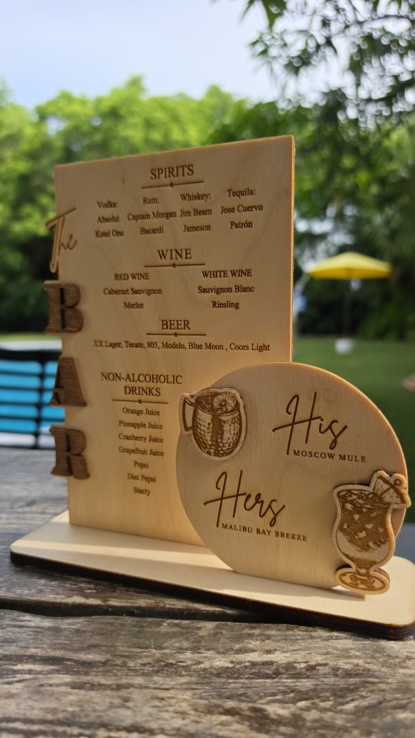 Personalized Wooden Bar Menu Sign, His & Hers Signature Cocktails, Engraved Wedding Decor