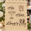Wooden signature drink sign with pet portrait and scalloped edge on a marble wedding bar