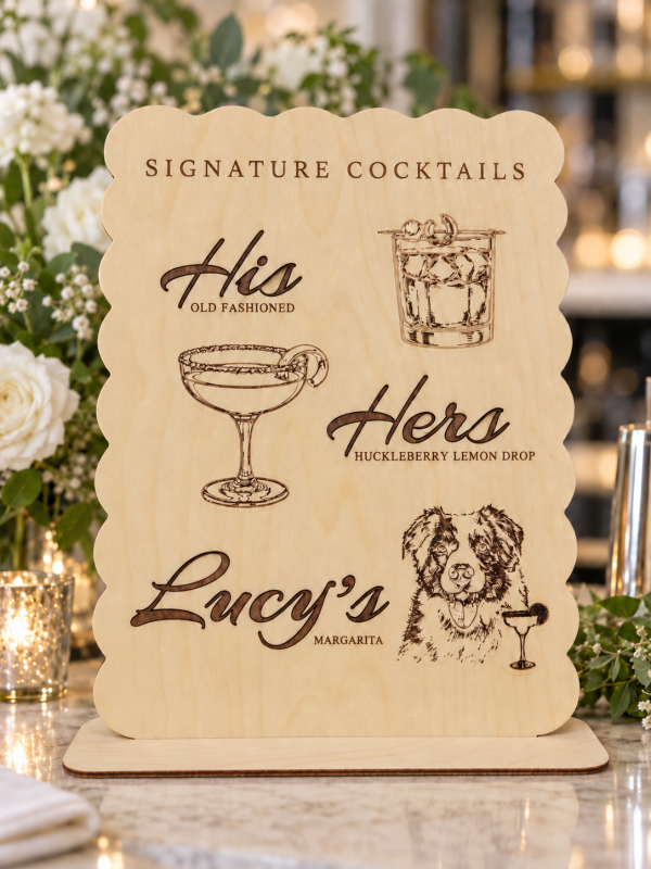 Wooden signature drink sign with pet portrait and scalloped edge on a marble wedding bar