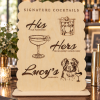 Personalized wooden wedding bar menu with His and Hers cocktails and engraved dog portrait