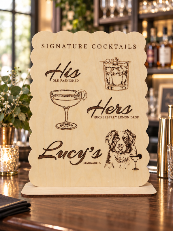 Personalized wooden wedding bar menu with His and Hers cocktails and engraved dog portrait