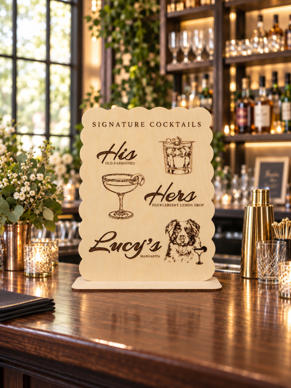 Scalloped wooden signature drink sign with pet portrait displayed on a wedding bar