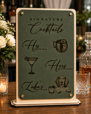 Personalized Signature Drink Sign with Pet Portrait – Engraved Leatherette Wedding Bar Menu