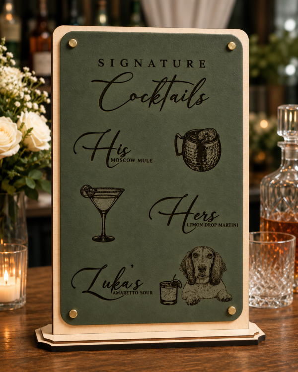 ChatGPT Image Sep 13, 2026, 10_36_12 PM Personalized Signature Drink Sign with Pet Portrait – Engraved Leatherette Wedding Bar Menu