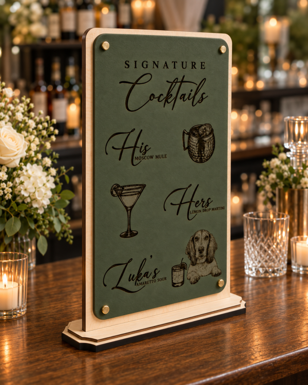 ChatGPT Image Sep 13, 2026, 10_37_05 PM Personalized Signature Drink Sign with Pet Portrait – Engraved Leatherette Wedding Bar Menu