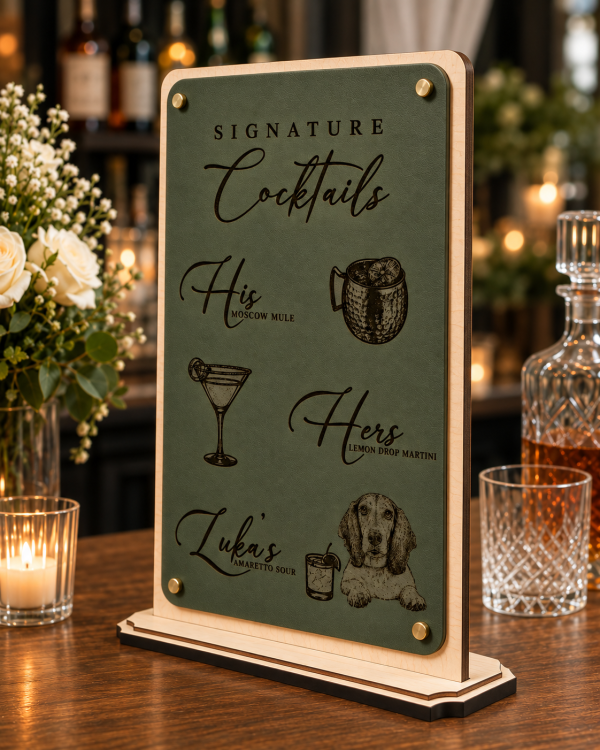 ChatGPT Image Sep 13, 2026, 11_13_21 PM Personalized Signature Drink Sign with Pet Portrait – Engraved Leatherette Wedding Bar Menu