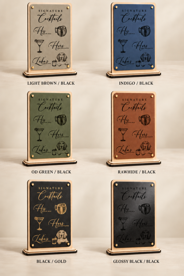 ChatGPT Image Sep 13, 2026, 11_26_46 PM Personalized Signature Drink Sign with Pet Portrait – Engraved Leatherette Wedding Bar Menu