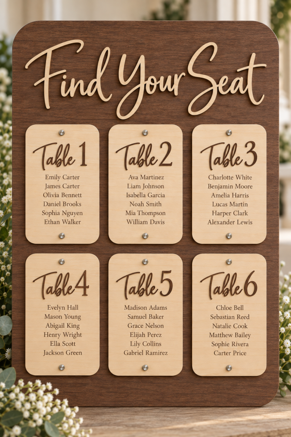 Wood wedding seating chart Find Your Seat sign with personalized table panels