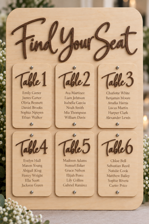 Personalized wedding seating chart with 3D lettering and engraved wood panels