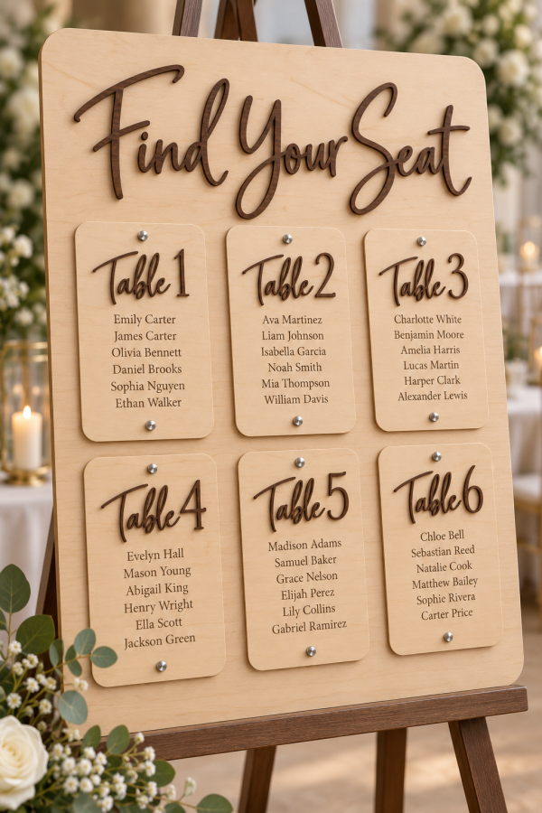 Rustic wood wedding seating chart with personalized couple names and wedding date