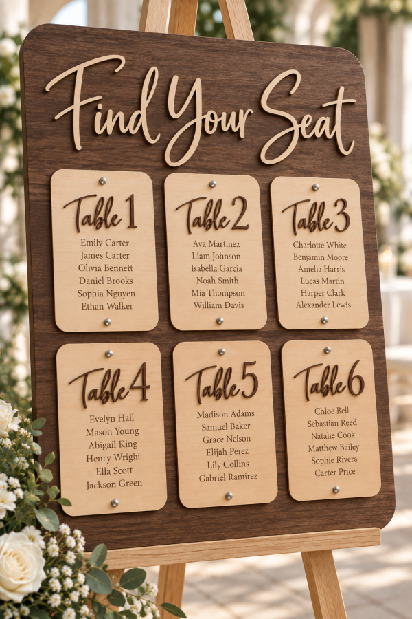 Personalized wooden Find Your Seat wedding seating chart for reception