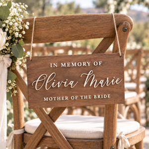 Rustic wooden wedding memorial chair sign with custom name and jute twine