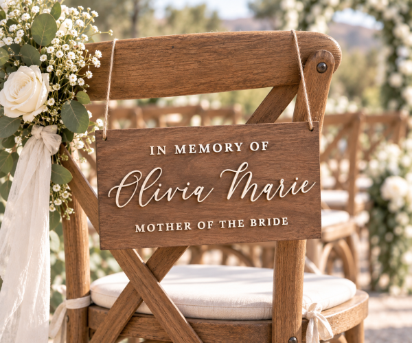 Rustic wooden wedding memorial chair sign with custom name and jute twine