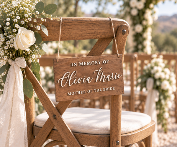 Personalized in memory of wedding sign hanging from a ceremony chair