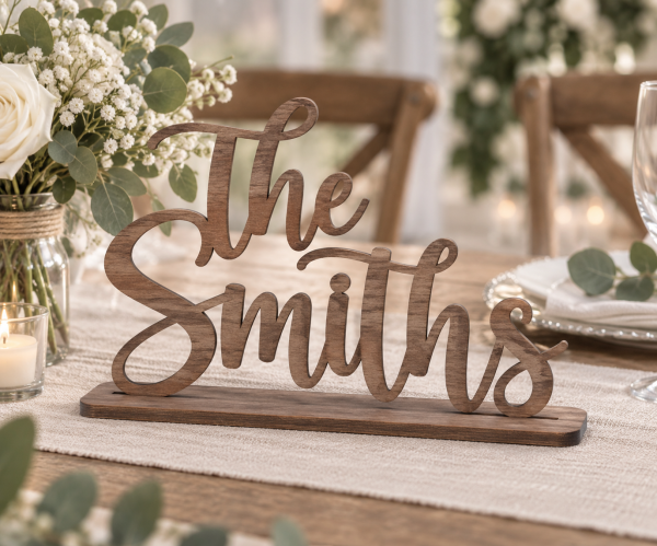 Personalized wooden sweetheart table sign with couple name and walnut finish