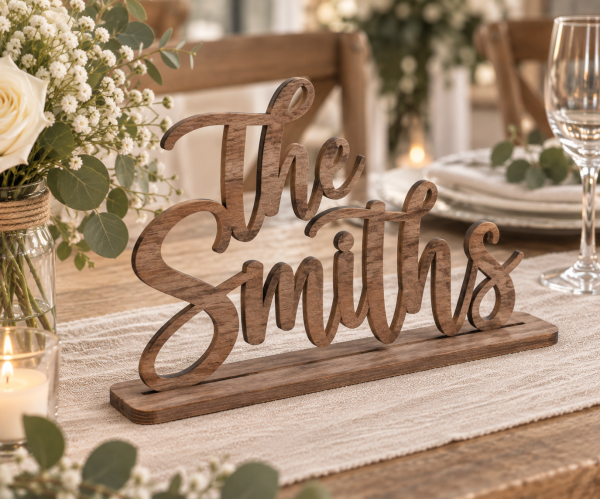 Freestanding wooden couple name sign for sweetheart table wedding decor