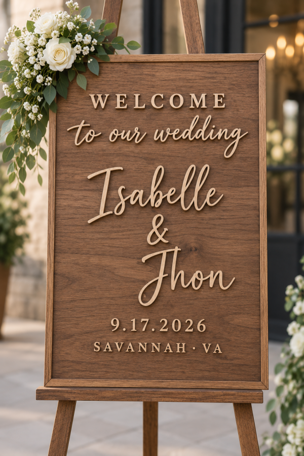 Personalized Wooden Wedding Welcome Sign with 3D Lettering