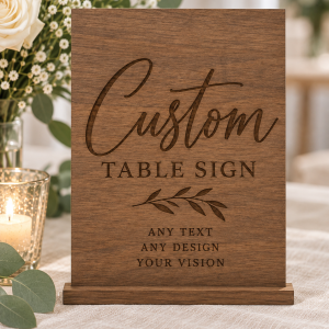 Personalized wooden custom table sign with engraved lettering and stand