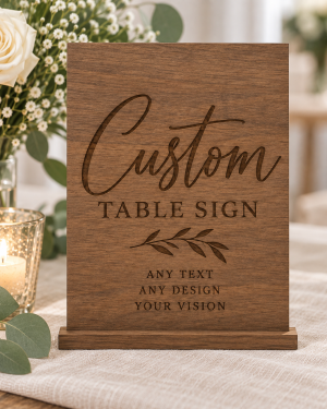 Personalized wooden custom table sign with engraved lettering and stand