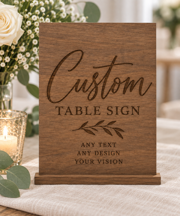 Personalized wooden custom table sign with engraved lettering and stand