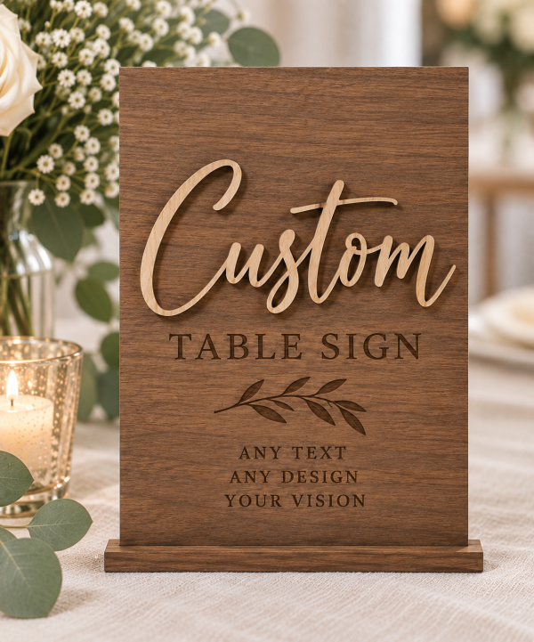 Custom wooden wedding table sign in arch shape with engraved lettering