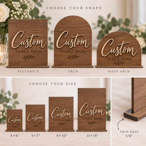 Custom engraved or 3D lettering wooden table sign with stand